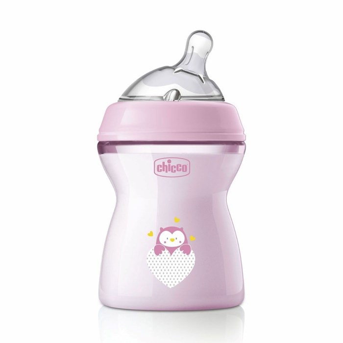 chicco-natural-feeling-bottle-250ml-medium-flow-owl-pink.jpg Chicco NaturalFeeling Colored Bottle 250ml Blue 2m+ Medium Flow - Image 1