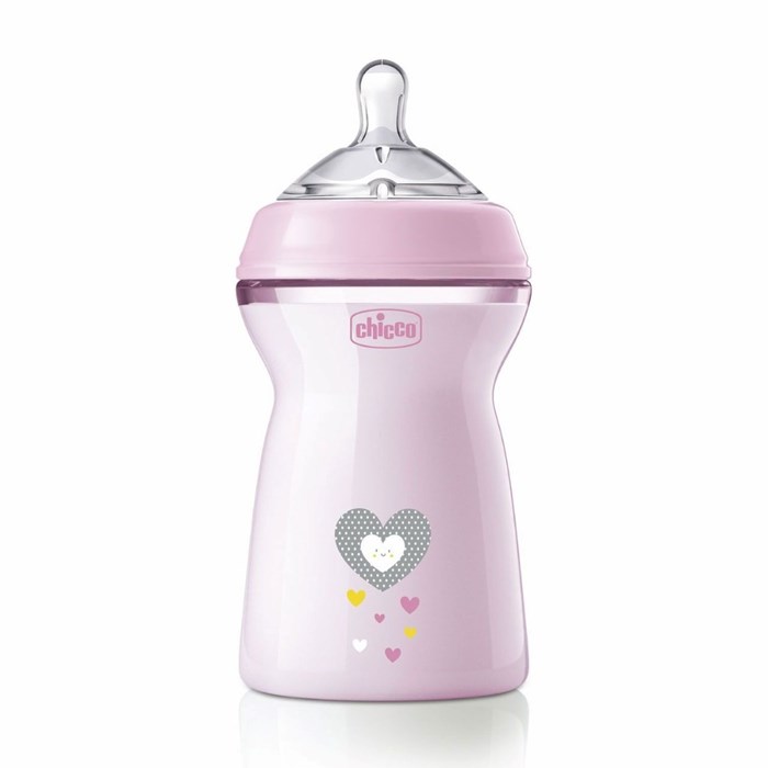 chicco-naturalfeeling-bottle-330ml-fast-flow-heart-pink.jpg Chicco NaturalFeeling Bottle 330 ml Pink 6m+ Fast Flow - Image 1
